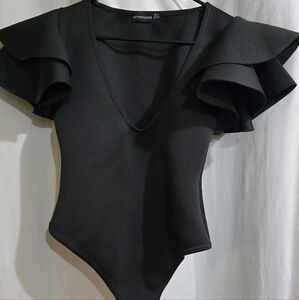 Pretty Little Things Black Bodysuit with Ruffle Short Sleeves
